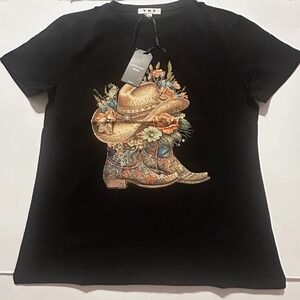 Y & F Womens Western Cowboy Hat Boots Rhinestone Graphic Tee Black L/XL
